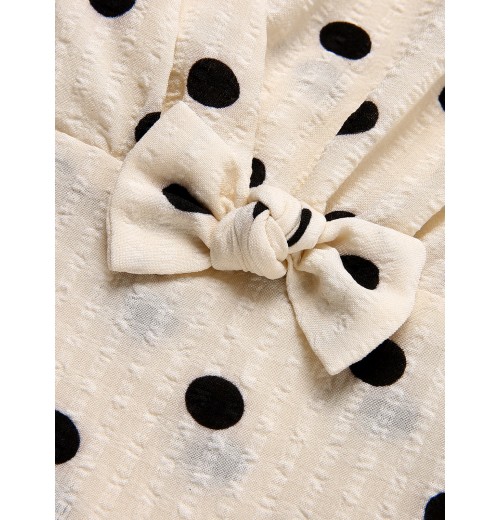 Beige  Dots Bowknot V-Neck Blouse