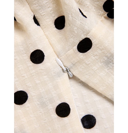 Beige  Dots Bowknot V-Neck Blouse