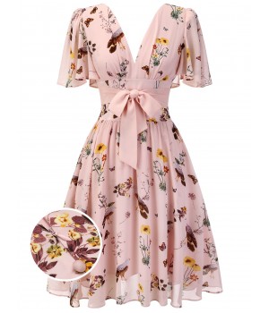 Pink Flowers And Birds Bowknot V-Neck Dress