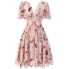 Pink Flowers And Birds Bowknot V-Neck Dress