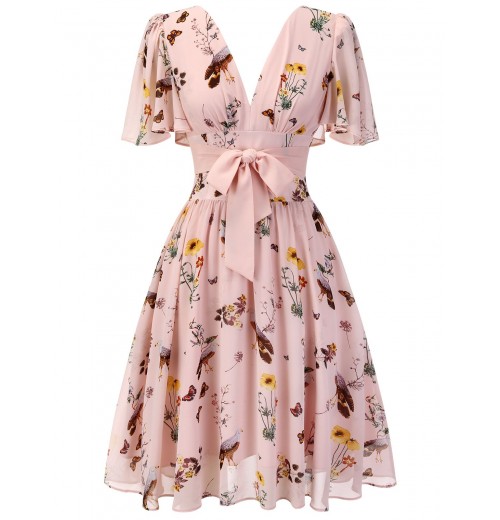 Pink Flowers And Birds Bowknot V-Neck Dress