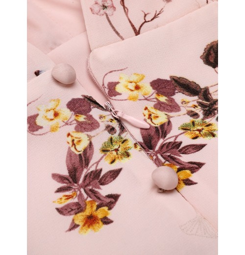 Pink Flowers And Birds Bowknot V-Neck Dress