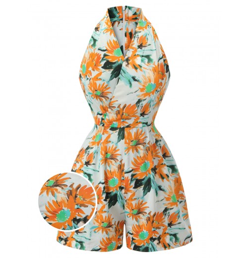 Orange  Painted Sunflower V-Neck Romper