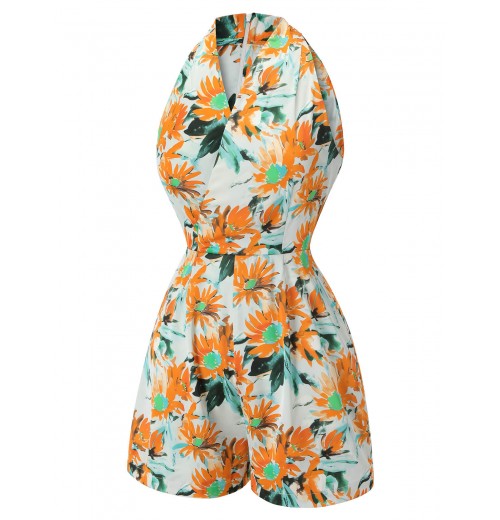 Orange  Painted Sunflower V-Neck Romper