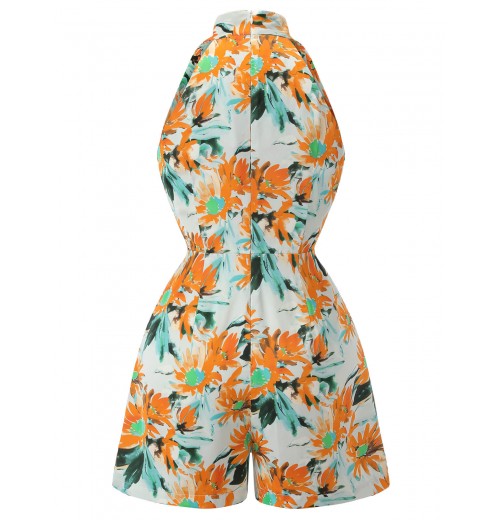 Orange  Painted Sunflower V-Neck Romper