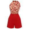 Deep Red  Rose Lace Up Patchwork Romper