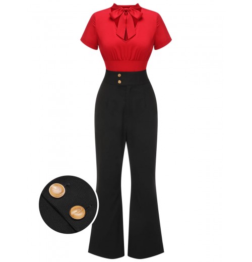 2PCS  Red Tie-Up Blouse & Black Pants