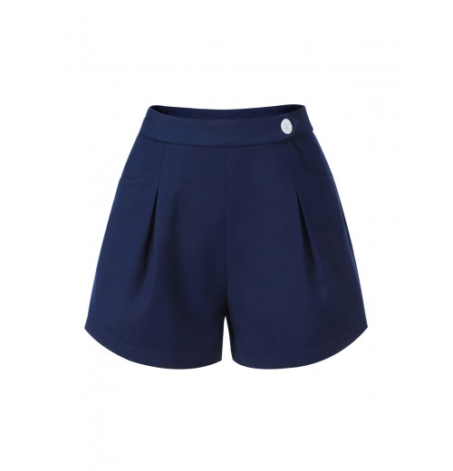 Navy Blue  Solid Button Shorts