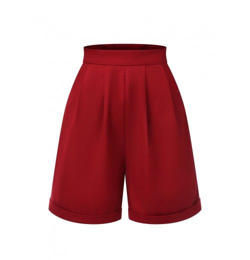 Red  Pleated Turn Over Shorts