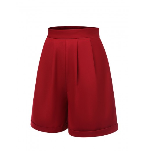 Red  Pleated Turn Over Shorts