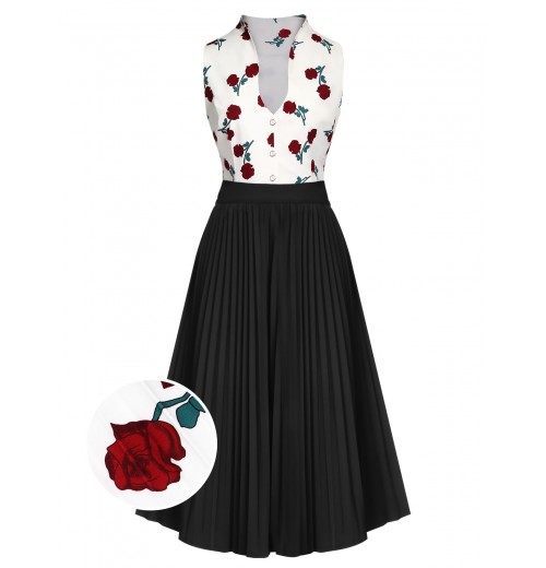 2PCS  White Roses Top & Black Skirt