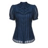 2PCS Navy Blue  Stand Collar Shirt & Solid Wrap Skirts