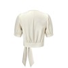 Beige  Satin Puff Sleeve V-Neck Blouse