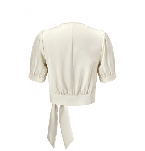 Beige  Satin Puff Sleeve V-Neck Blouse