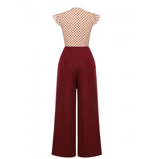 2PCS  Red Polka Dot Blouse & Burgundy Pants