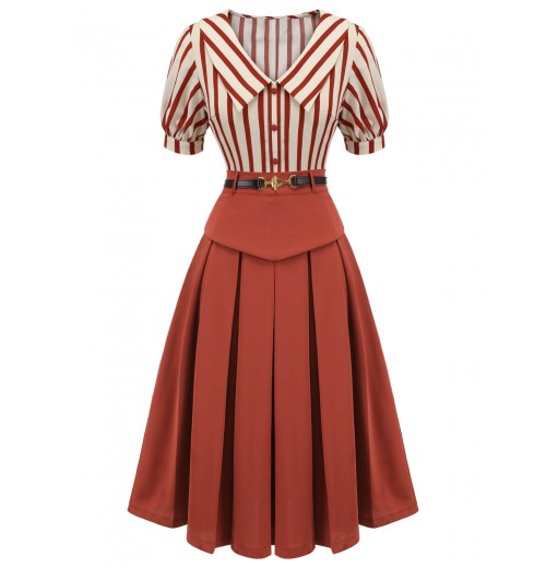 2PCS Orange Red  Striped Blouse & Pleated Skirt