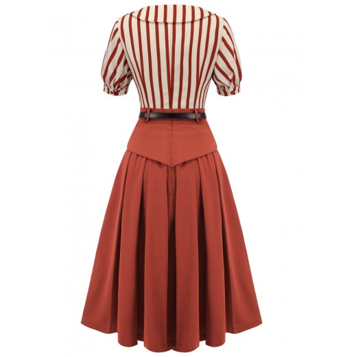 2PCS Orange Red  Striped Blouse & Pleated Skirt