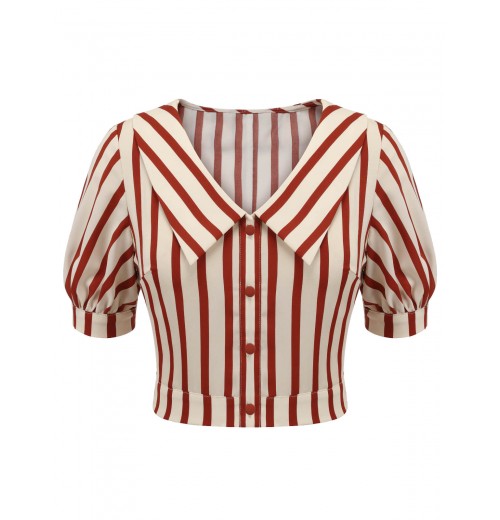 2PCS Orange Red  Striped Blouse & Pleated Skirt