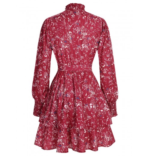 Plus Size Wine Red  Ruffles Floral Dress