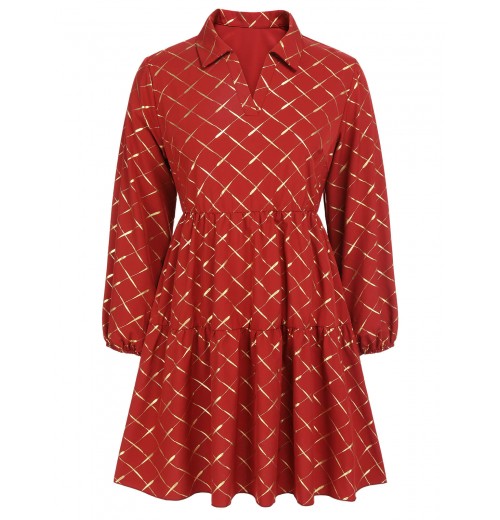 Plus Size Red  Lapel Plaid Dress