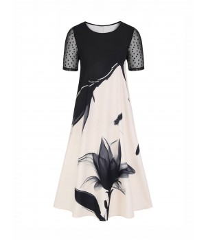 Plus Size Black & White  Ink Lotus Sheer Sleeve Dress