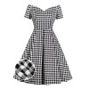 Plus Size Black&White  Off-shoulder Gingham Plaid Dress