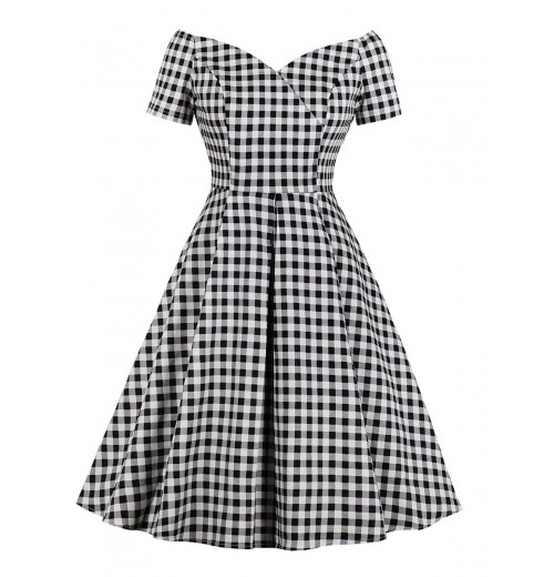 Plus Size Black&White  Off-shoulder Gingham Plaid Dress