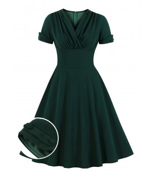 Plus Size Dark Green  V-Neck Solid Swing Dress