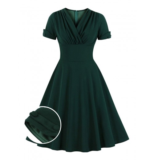 Plus Size Dark Green  V-Neck Solid Swing Dress