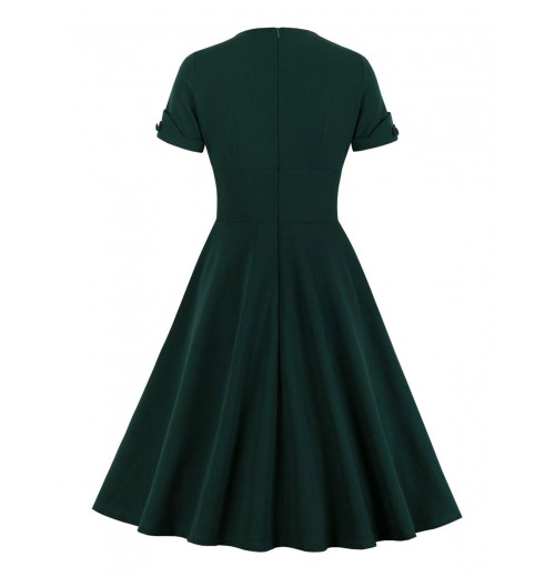 Plus Size Dark Green  V-Neck Solid Swing Dress