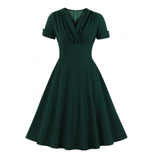 Plus Size Dark Green  V-Neck Solid Swing Dress