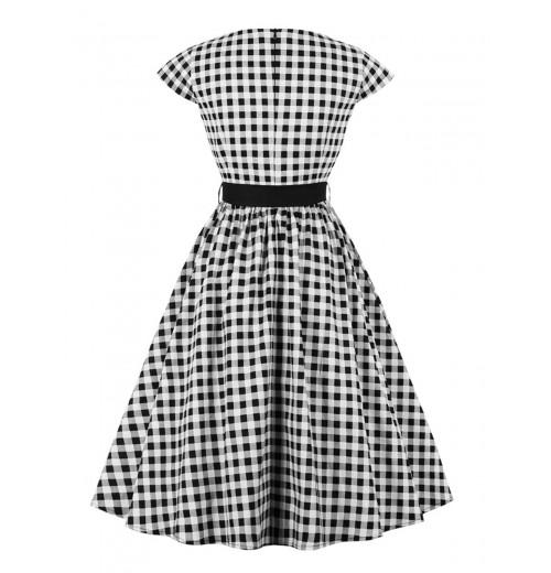 Plus Size Black  Gingham Plaid Belted Swing Dress