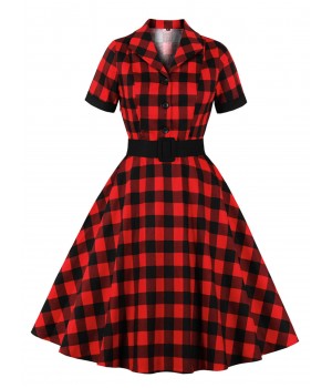 Plus Size Red & Black  Plaid Lapel Dress With Belt