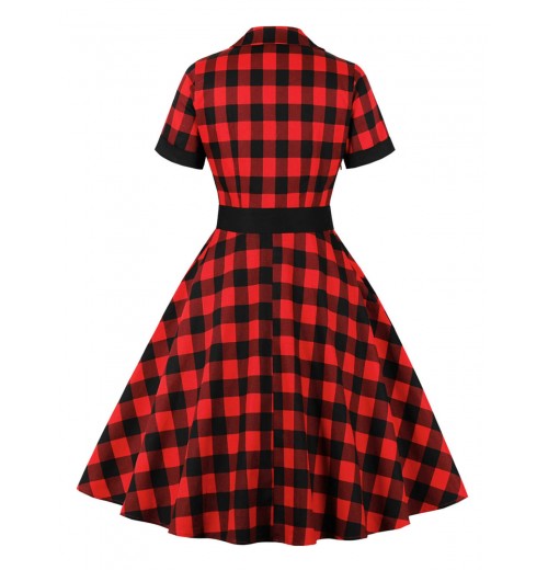 Plus Size Red & Black  Plaid Lapel Dress With Belt