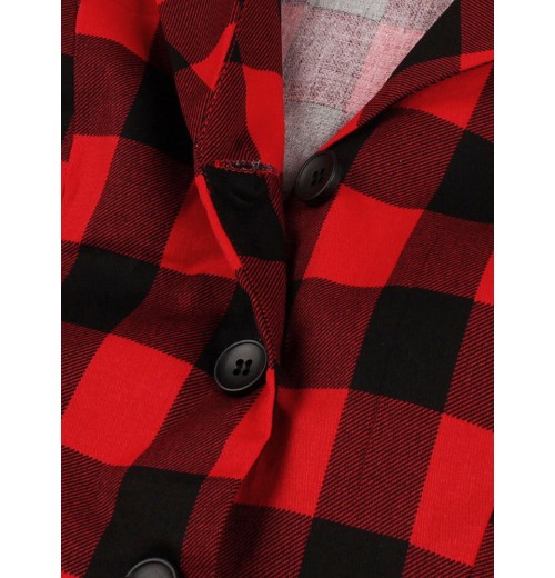 Plus Size Red & Black  Plaid Lapel Dress With Belt