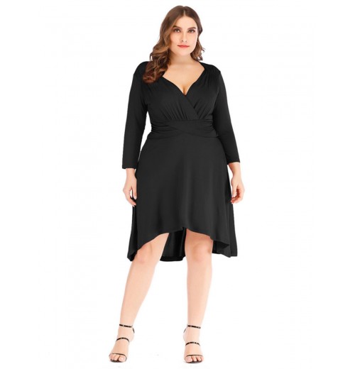 Plus Size  Solid Pleated Long Sleeved Dress