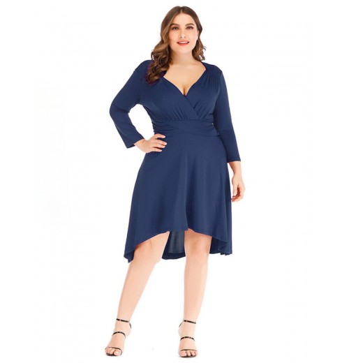 Plus Size  Solid Pleated Long Sleeved Dress