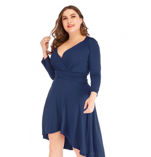 Plus Size  Solid Pleated Long Sleeved Dress