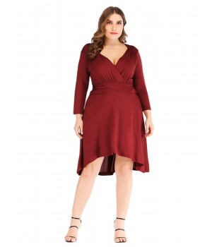 Plus Size  Solid Pleated Long Sleeved Dress