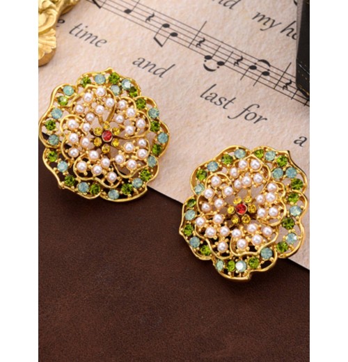 Green Rhinestone Pearl Flower Ear Studs