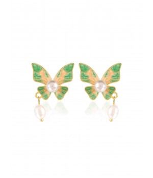 Green Butterfly Pearl Earrings