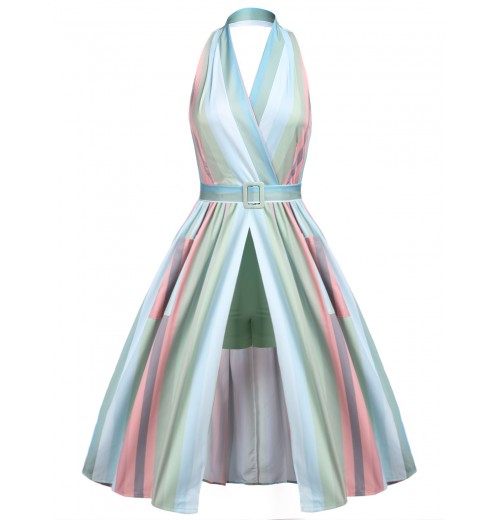 Rainbow  Stripe Pocket Swing Dress