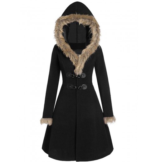  Solid Buckle Fur Trimmed Coat