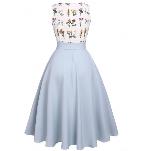 Blue  Embroidery Pockets Swing Dress