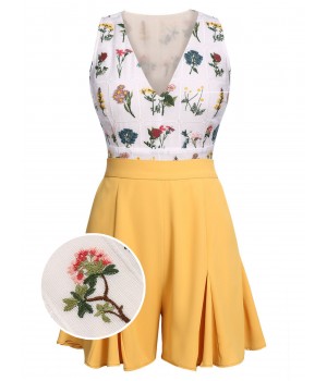 2PCS Yellow  Embroidery Top & Pockets Shorts