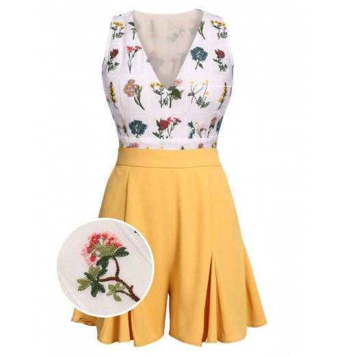 2PCS Yellow  Embroidery Top & Pockets Shorts