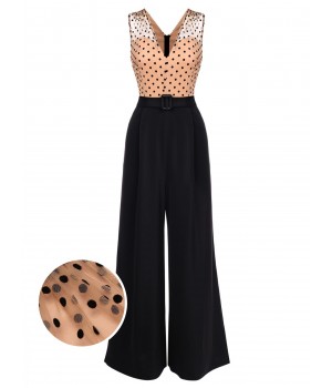 Black  Polka Dot Patchwork Belt Jumpsuit