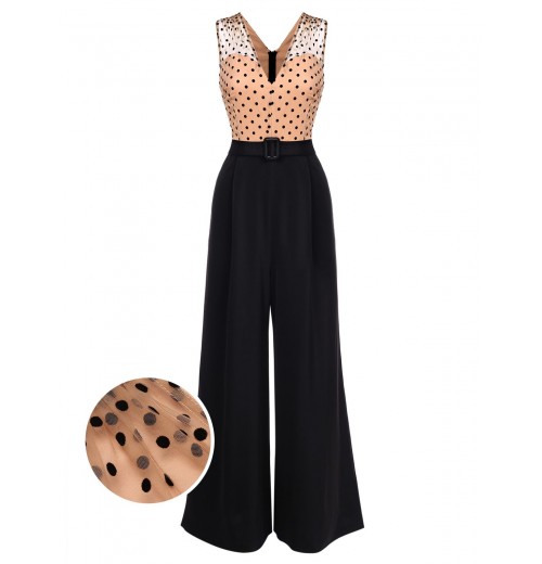 Black  Polka Dot Patchwork Belt Jumpsuit