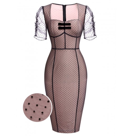 Pink  Polka Dot Mesh Pencil Dress