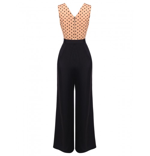 Black  Polka Dot Patchwork Belt Jumpsuit